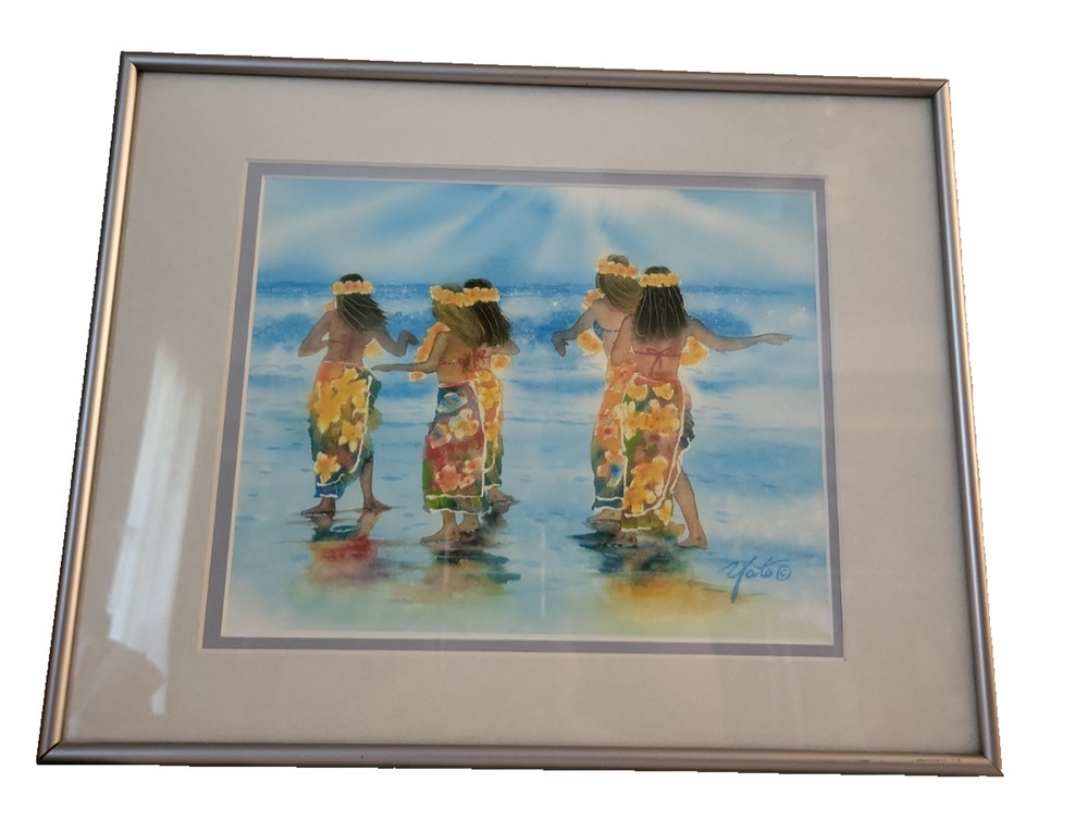 Vintage 1990s John Yato "The Hula Dancers" watercolor print 11 x 14 inch Framed